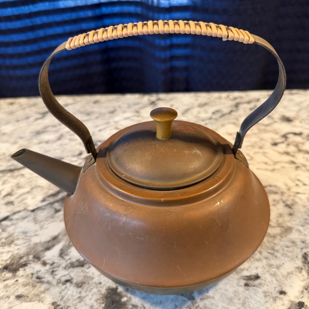 Vintage Copper Tea Kettle Rattan Wrapped Handle Stovetop Teapot Patina Finish